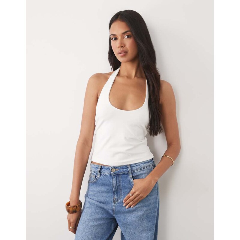 ASOS DESIGN double layer minimal halter neck top in cream-White 115744270