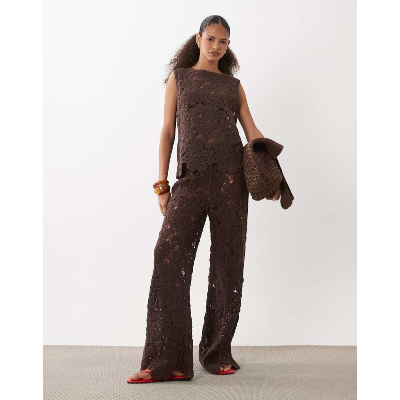 ASOS DESIGN crochet knitted trouser co-ord in chocolate-Brown 115744288