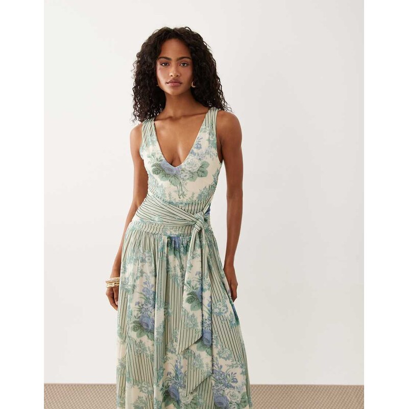 Abercrombie & Fitch plunge neck sleeveless maxi dress in blue tile 115744297
