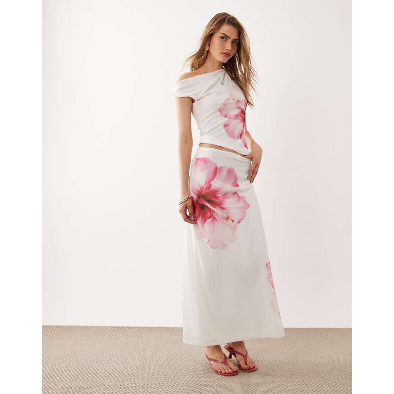 River Island mesh floral print maxi skirt in white