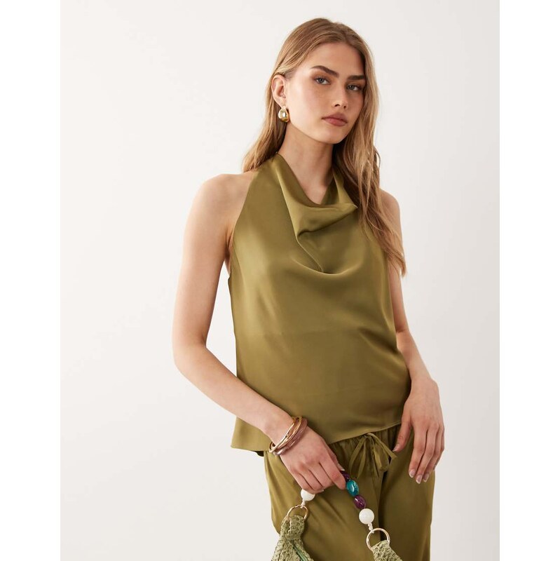 River Island satin halterneck top in khaki-Green 115744299