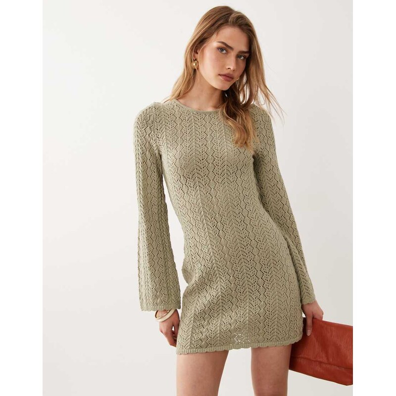 Mango crochet knit long sleeve mini dress with open back detail in 115744345