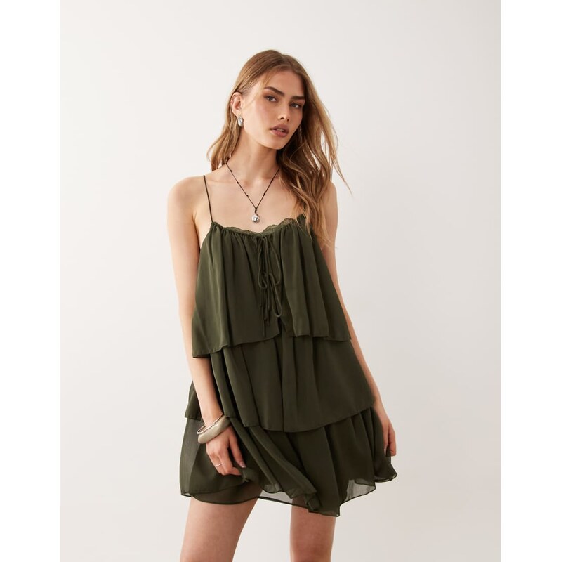 Mango ruffle mini dress in khaki-Green 115744346