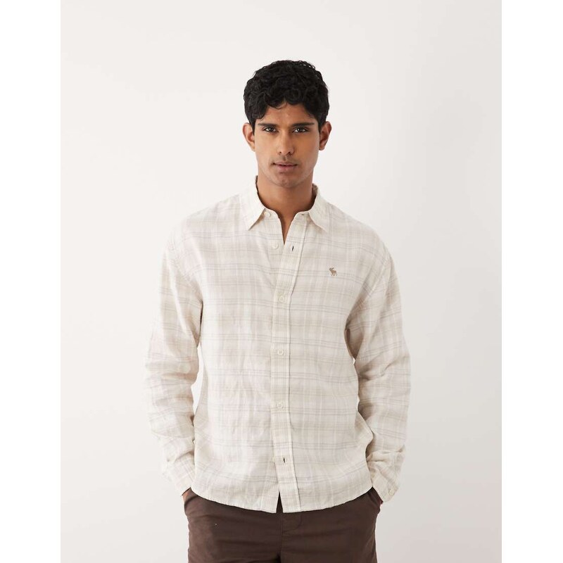 Abercrombie & Fitch linen rich long sleeve shirt in white check