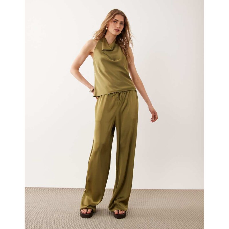 River Island wide leg satin trousers in khaki-Green