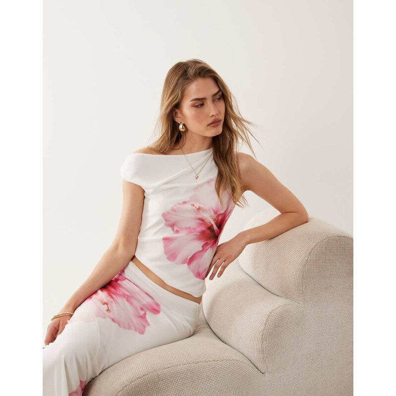 River Island mesh floral print bandeau top co-ord in white