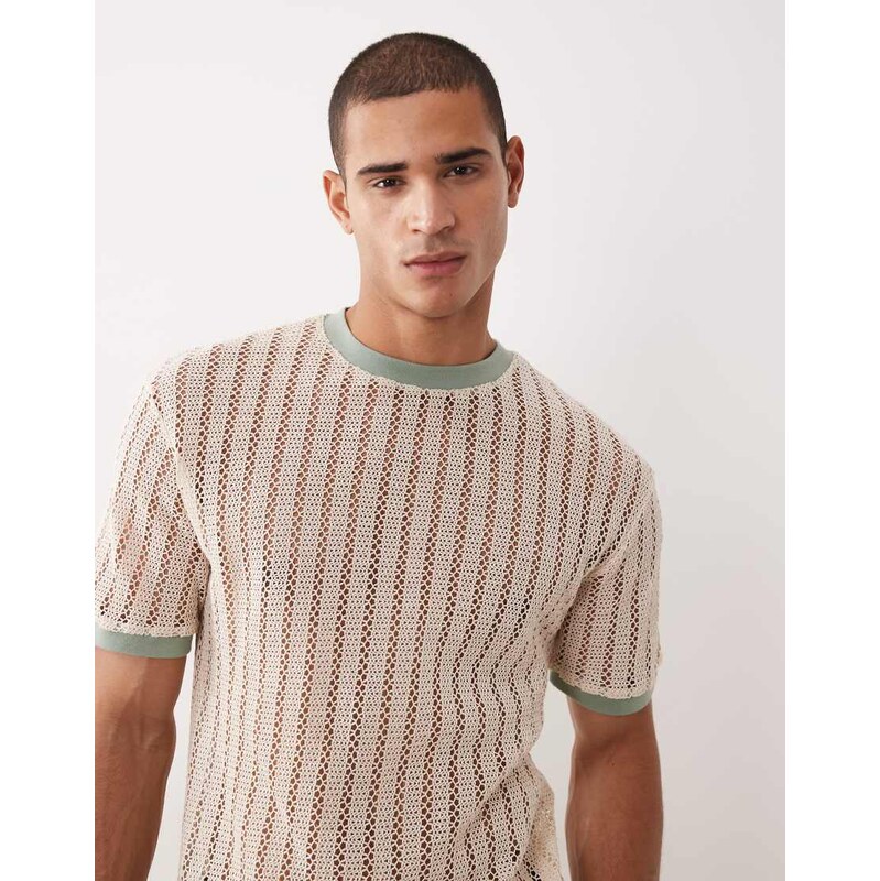 ASOS DESIGN relaxed ringer t-shirt in cream knitted ribbed