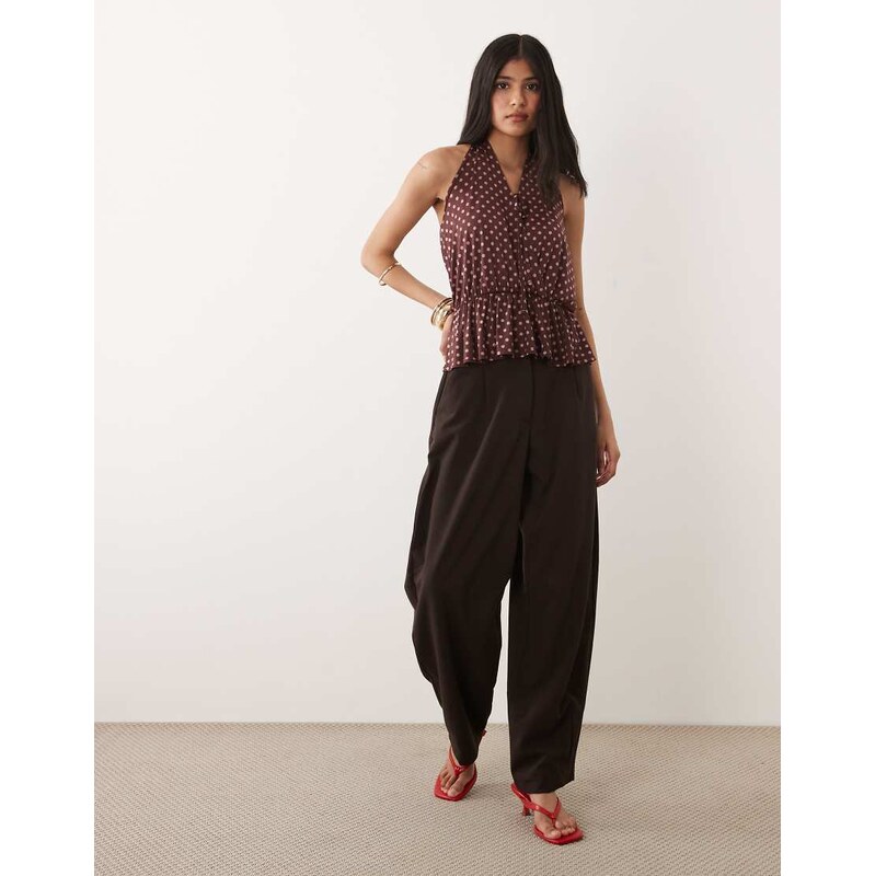 Miss Selfridge halterneck wrap top with gathered waist in polka dot 115744365