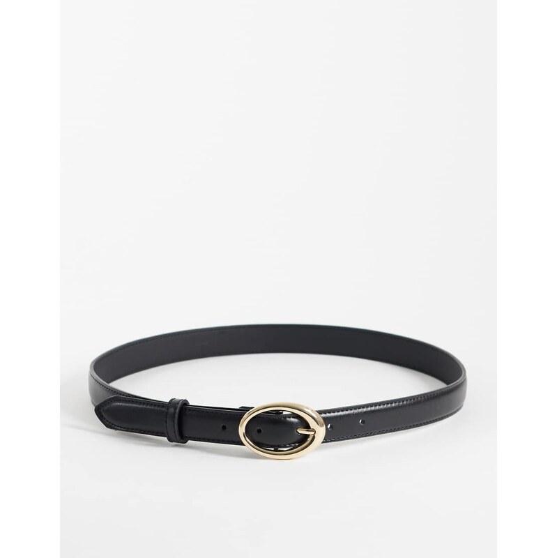 Mango faux leather slim belt with oval buckle in black 115744373