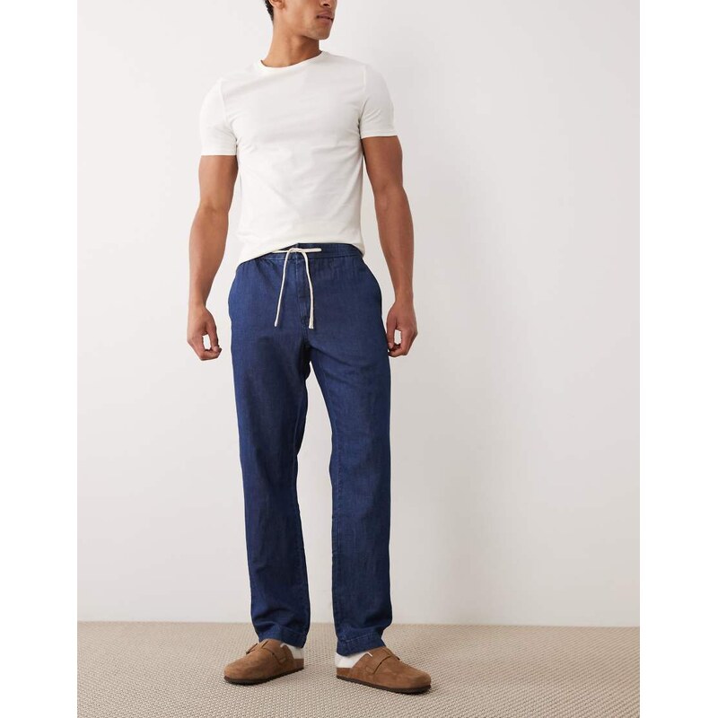 Mango linen blend denim look draw string trousers in blue