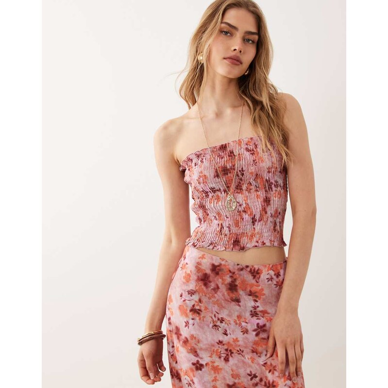 Mango Teen shirred off shoulder top co-ord in pink floral 115744390