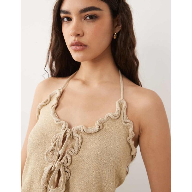 Mango Teen knitted tie front top in gold 115744391