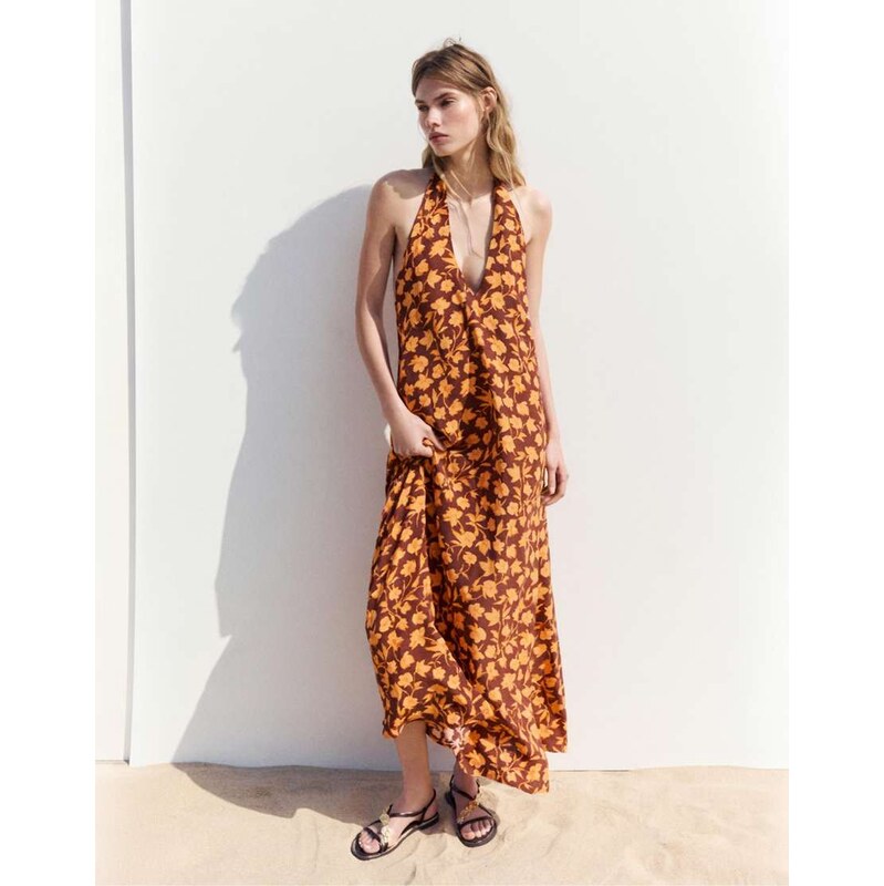 Pull&Bear Maxi floral halter dress in brown 115744399