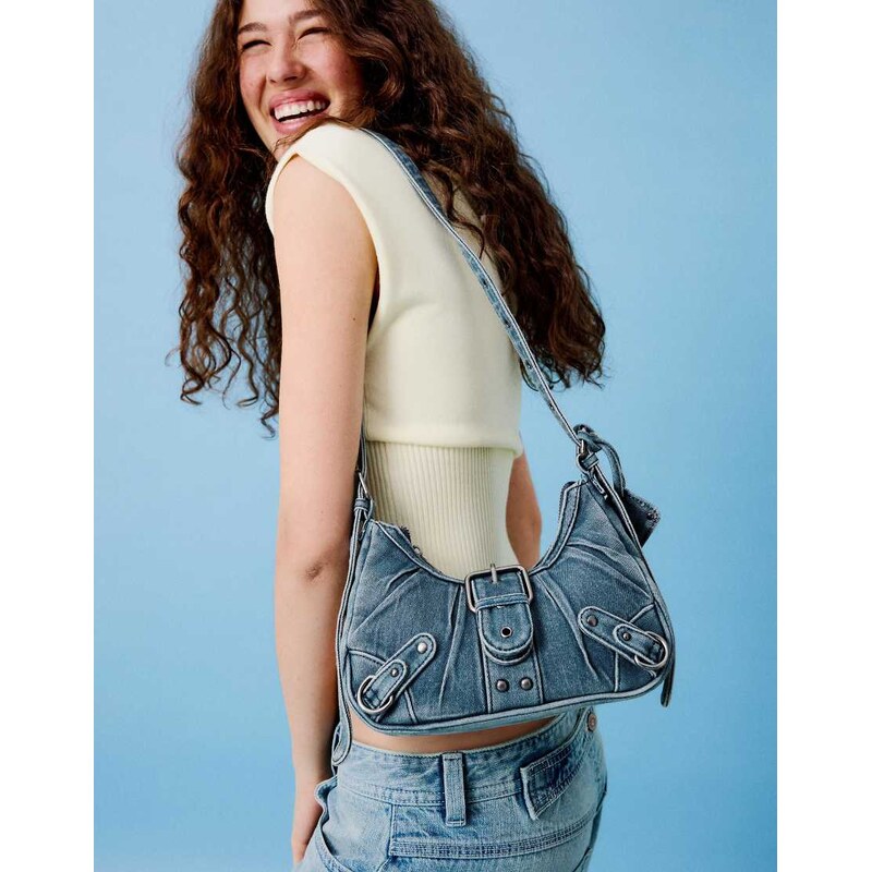 Bershka Shoulder bag with buckle in blue 115744402