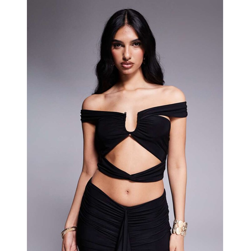 Missyempire slinky bardot cutout crop top co-ord in black 115746202