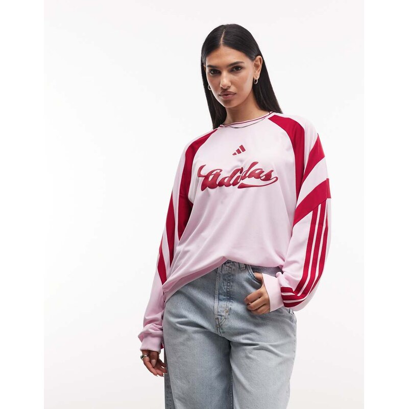 adidas Originals long sleeve football jersey in light pink and maroon 115746242