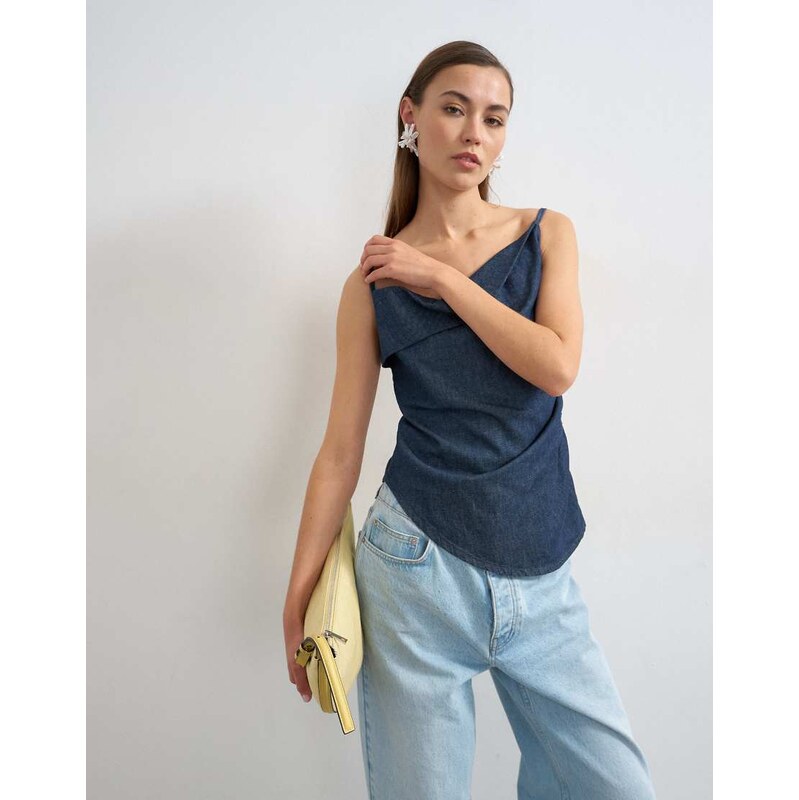 Topshop denim draped neck ruched top in indigo rinse-Blue 115746279