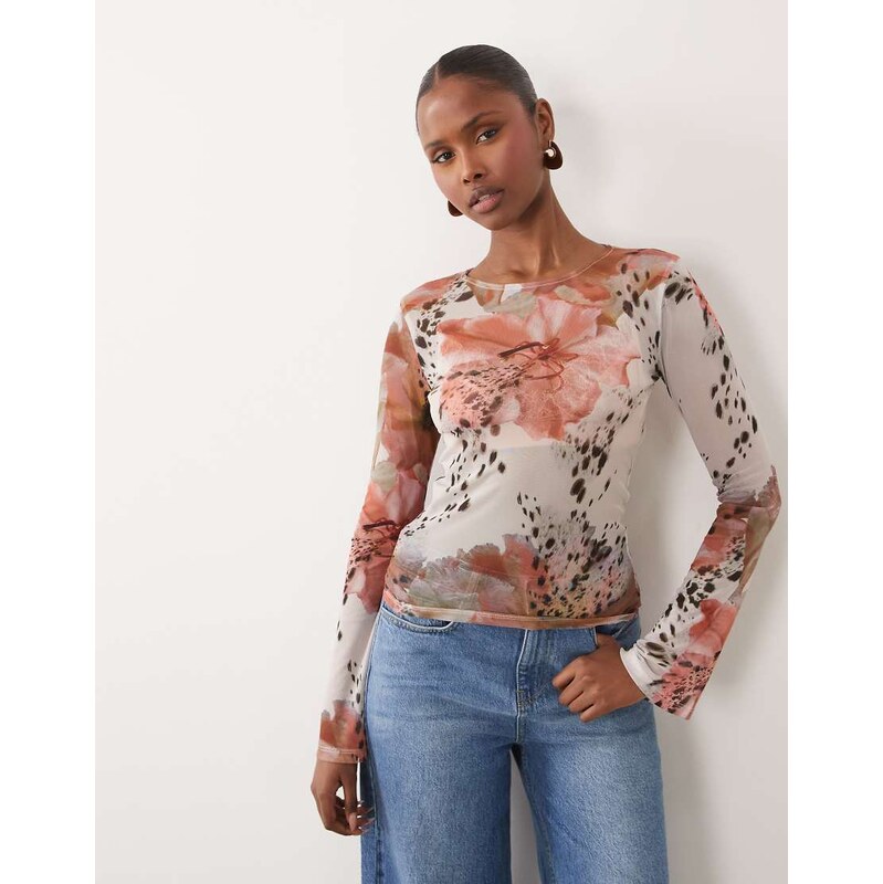 ASOS DESIGN sheer mesh flare long sleeve top in spotted floral-Multi 115746294