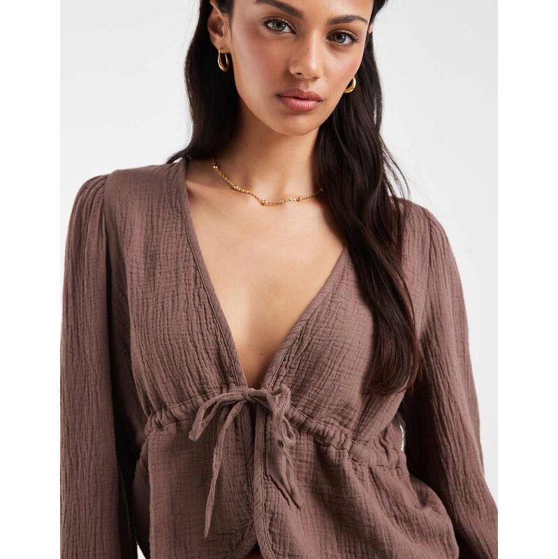 Pieces crinkle cotton tie front long sleeve top co-ord in chocolate 115746321