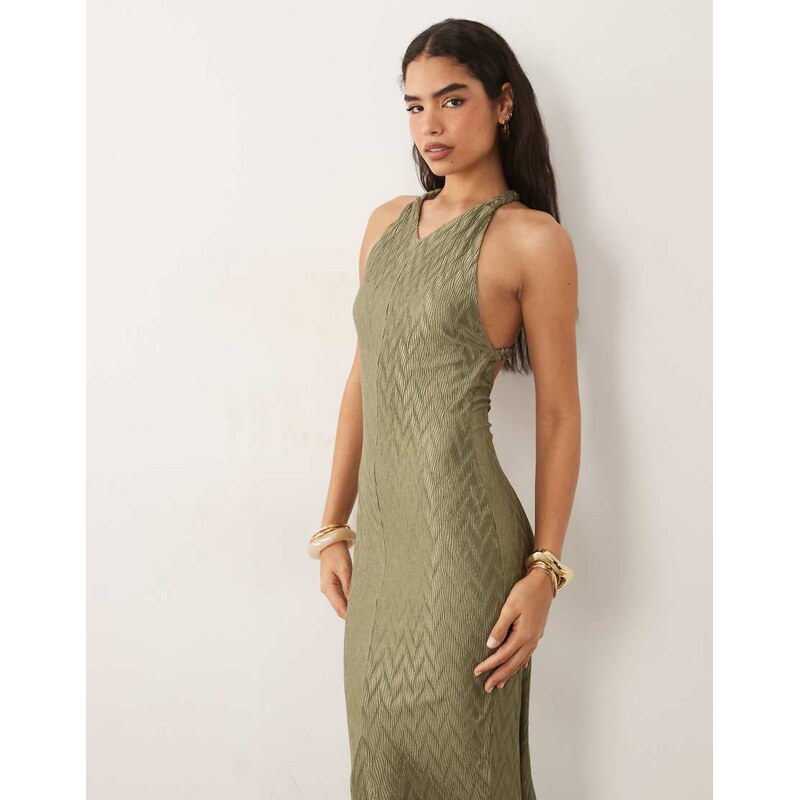 ASOS DESIGN zigzag plisse v-neck maxi dress with plait strap detail in 115746326