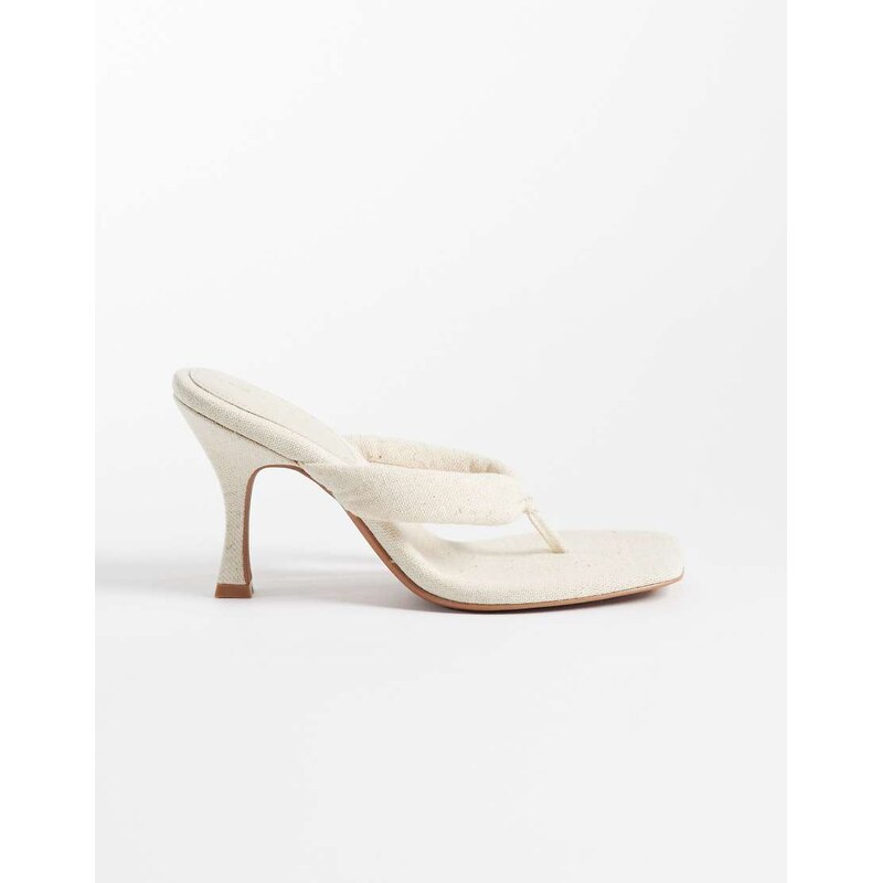 ASOS DESIGN Huddle padded toe thong heeled sandals in natural linen 115746344