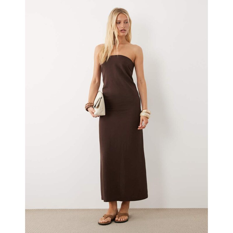 ASOS DESIGN linen blend clean column maxi dress in chocolate-Brown 115746353