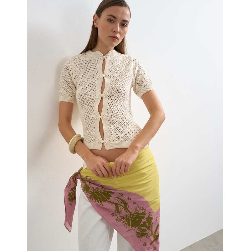 Topshop knitted short sleeve mandarin collar cardigan in ivory-Multi 115746361