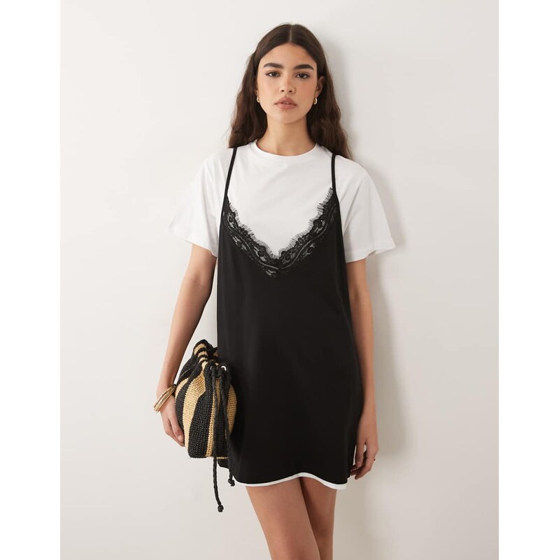 ASOS DESIGN short sleeve lace overlay mini dress in white and black 115746375