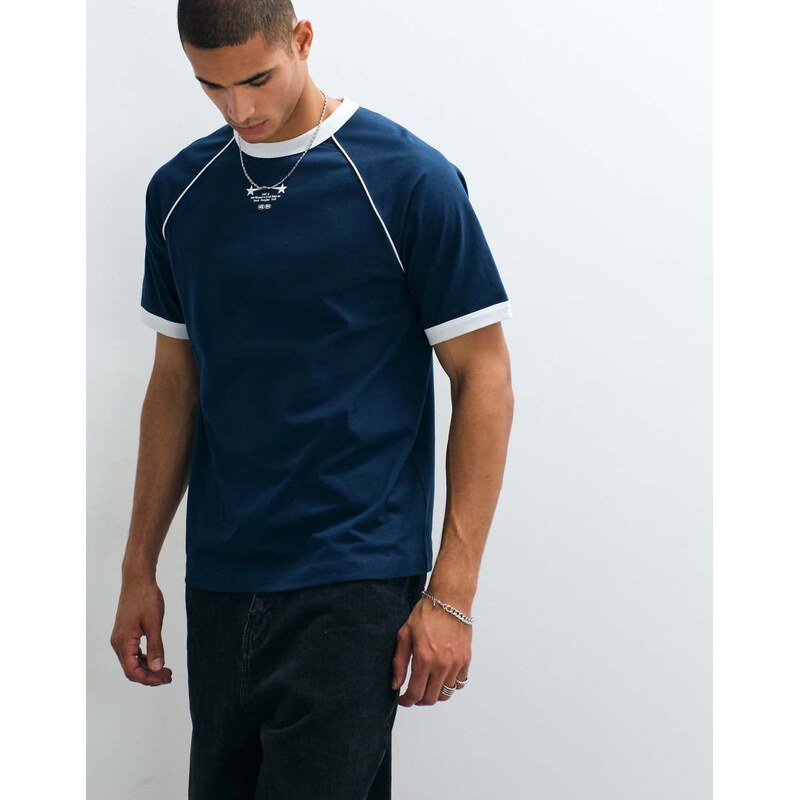 ASOS DESIGN relaxed ringer t-shirt with utopia text graphic in