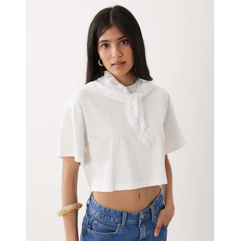 Miss Selfridge cotton boxy t-shirt with lace scarf in white 115746381