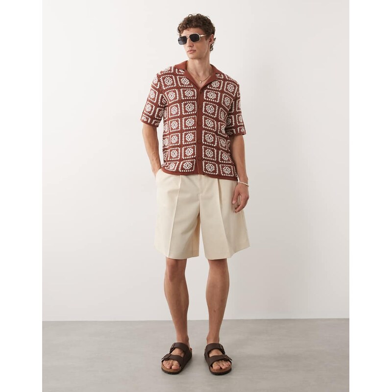 ASOS DESIGN tailored pleated bermuda shorts in ecru-Neutral
