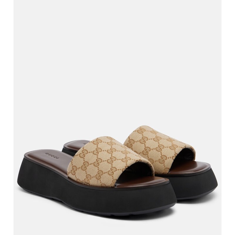 Dámské pantofle Gucci GG canvas platform slides v barvě Vintage Sand