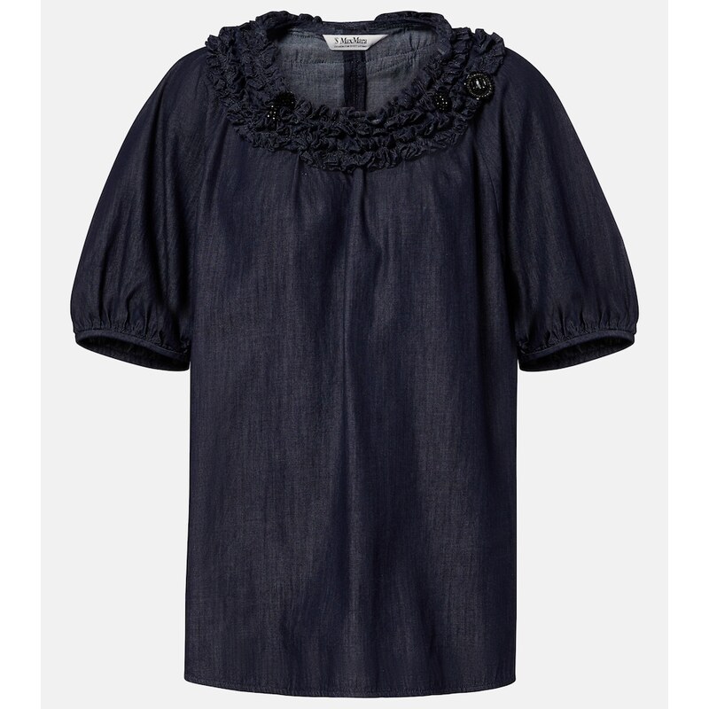 S Max Mara Embellished ruffled denim blouse
