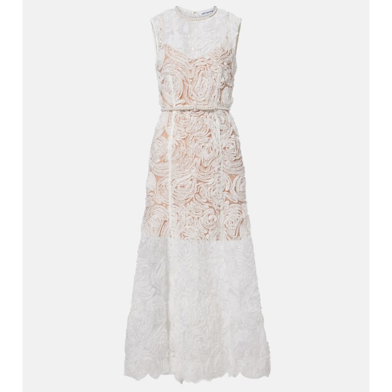 Self-Portrait Embellished lace-trimmed tulle midi dress