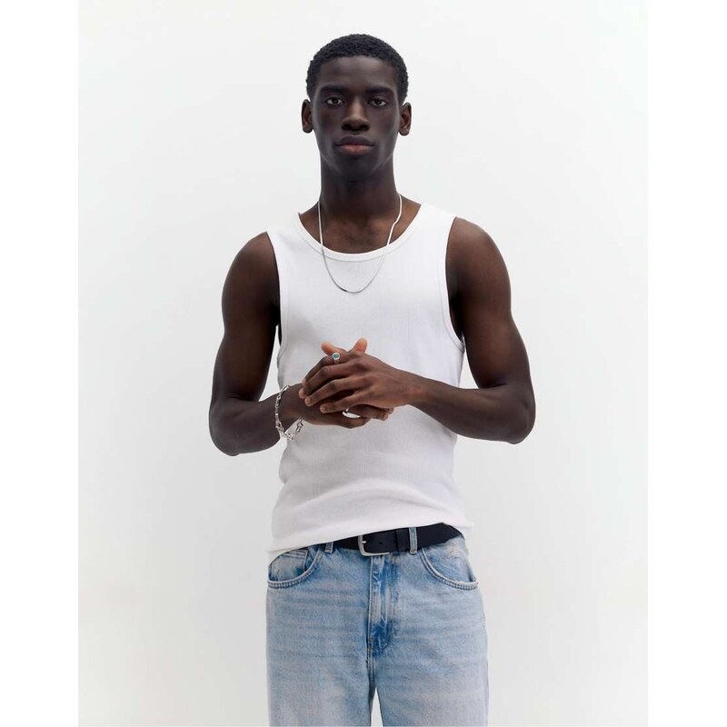 Pull&Bear rib vest top in white