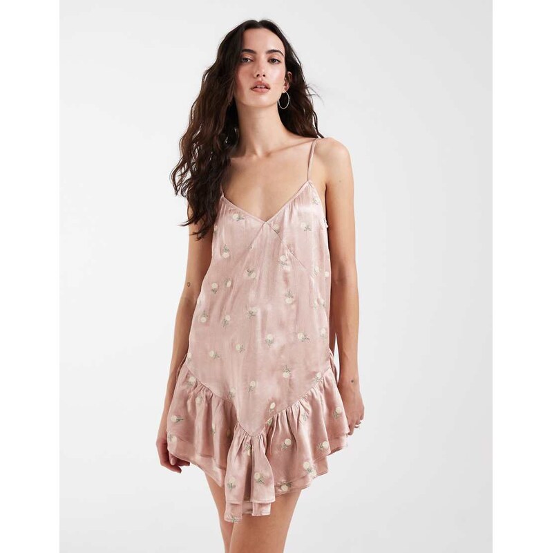 Muse Assembly boho crushed satin asymmetric ruffle mini dress