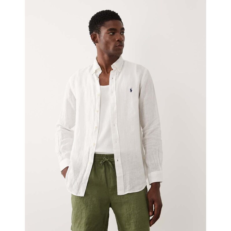 Polo Ralph Lauren icon logo long sleeve linen shirt in white