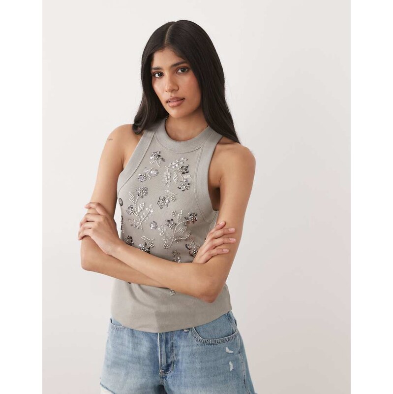 Miss Selfridge festival embellished racer vest top in sage-Green