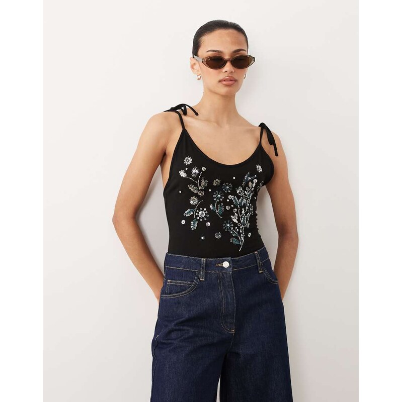 Miss Selfridge festival embellished tie shoulder bodysuit in