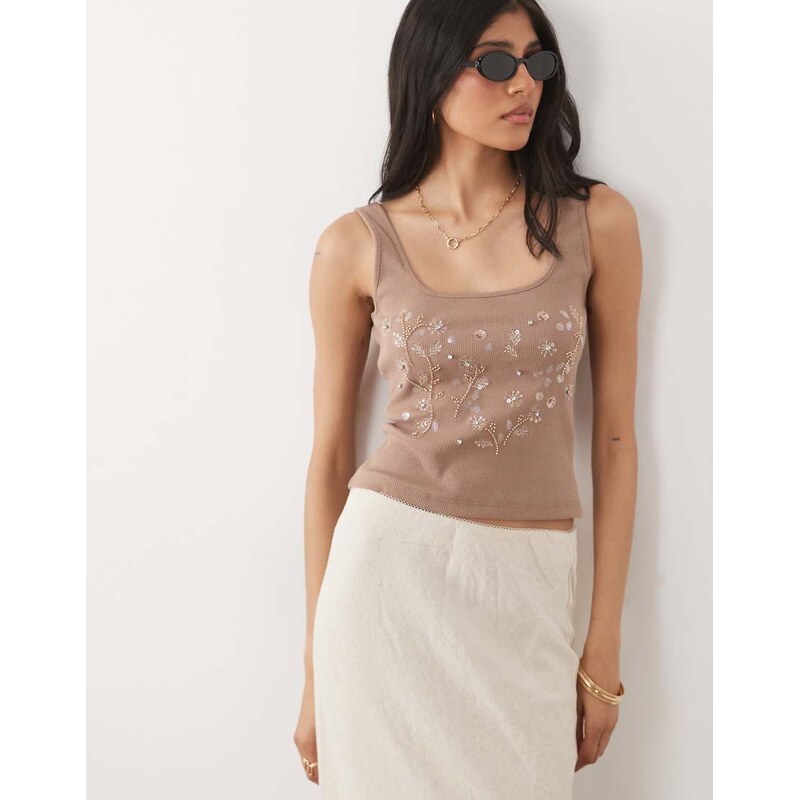 Miss Selfridge embellished rib square neck top in chocolate