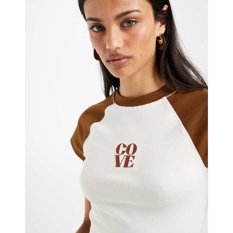 ASOS DESIGN raglan tee with Cove embroidery in brown and cream