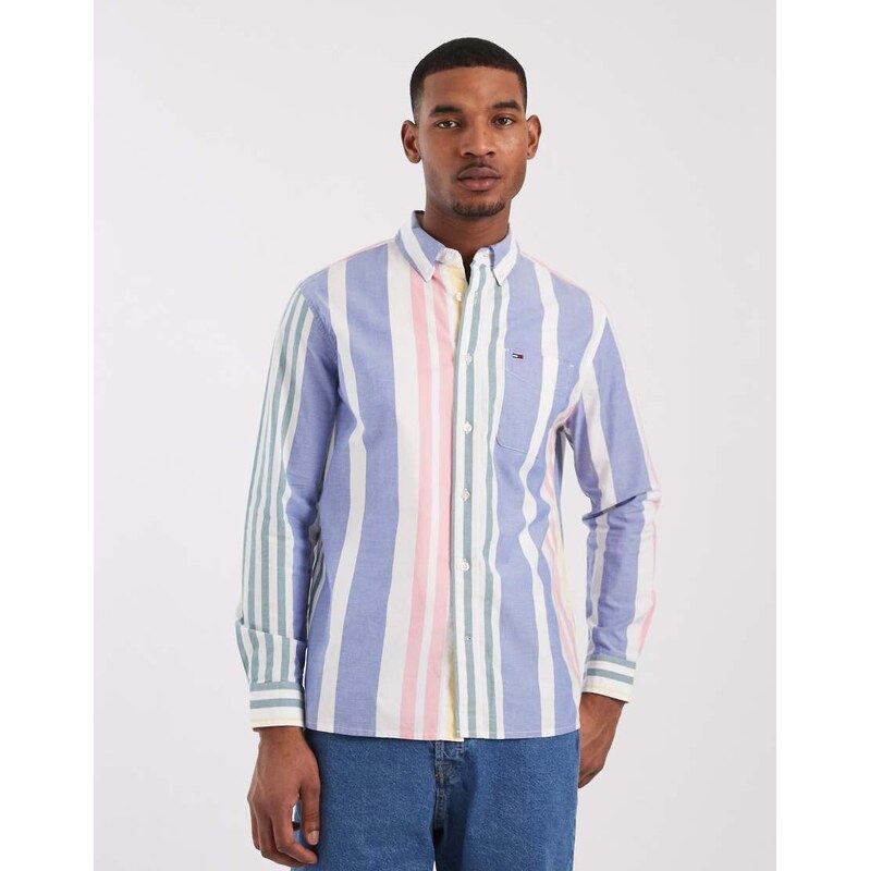 Tommy Jeans oxford shirt in blue/green stripes-White