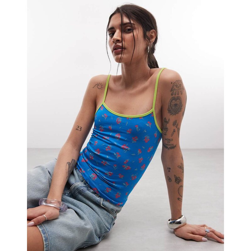 ASOS DESIGN seamless floral print cami top in blue-Multi
