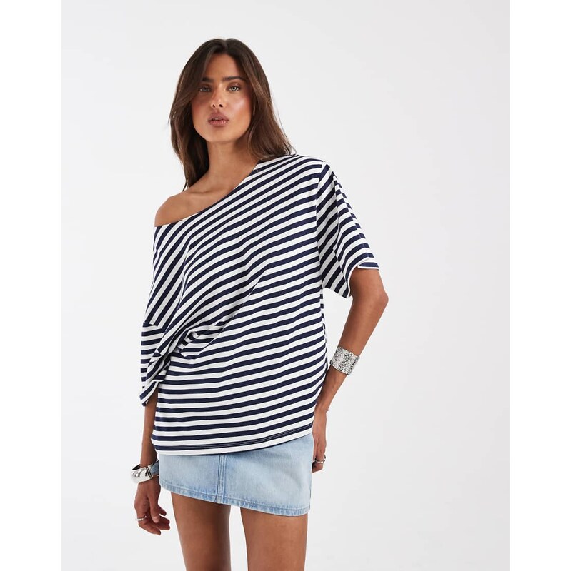 ASOS DESIGN slouchy off shoulder oversized tee navy stripe-Multi
