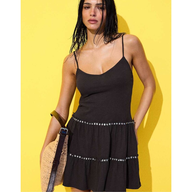 Stradivarius Ruffled dress with studs in brown