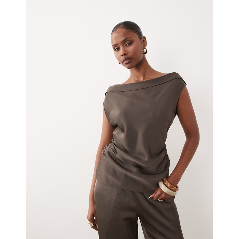 Lioness Sweetheart satin off shoulder top co-ord in mocha-Brown
