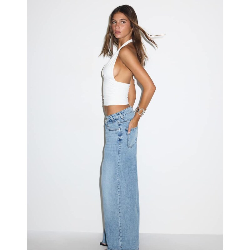 Stradivarius Crossover waist jeans in medium light blue denim