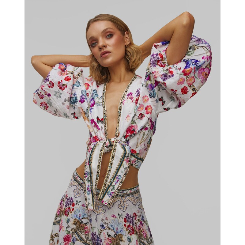 Dámská Lněná Halenka Camilla Tie Front Puff Sleeve