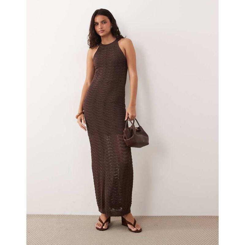 YAS zigzag crochet high neck sleeveless midi dress in chocolate