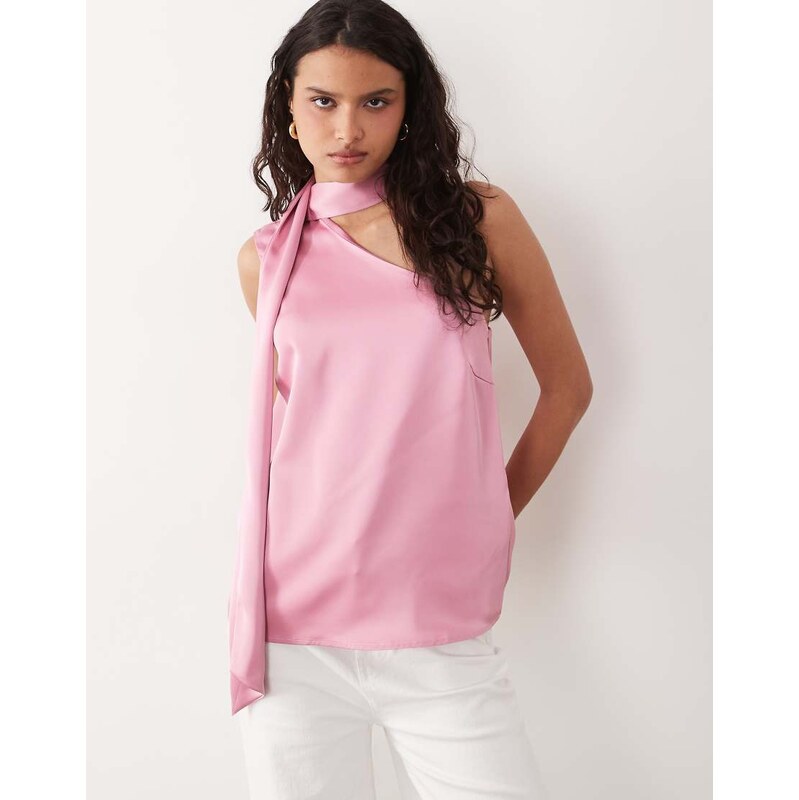 YAS satin one shoulder top with scarf detail in pink